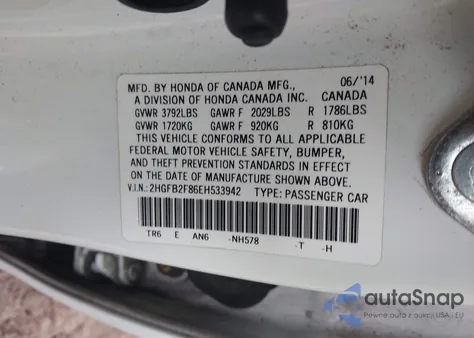 2014 Honda Civic Ex from USA, damaged, VIN 2HGFB2F86EH533942